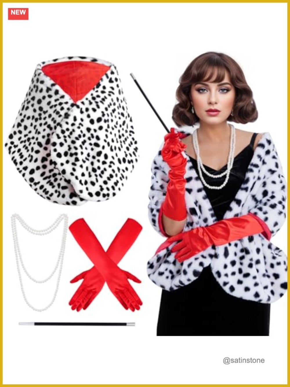 4 Pack Women Halloween Dalmatian Costume Accessory Set Faux Fur Shawl Satin